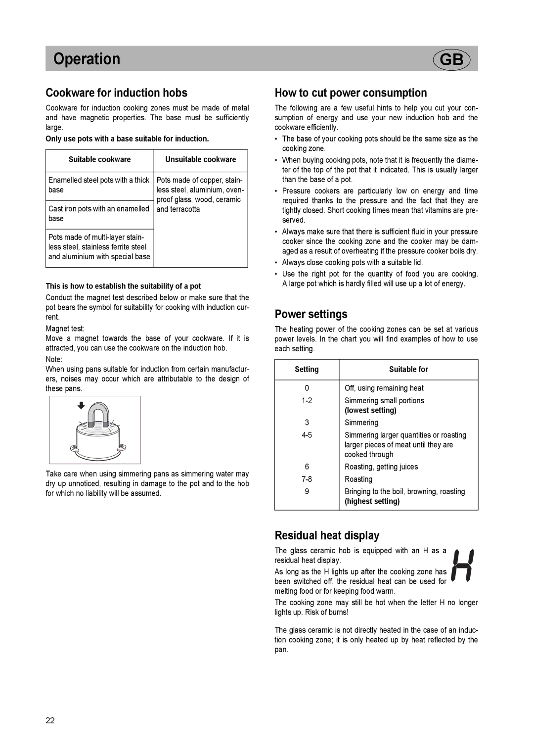 Kuppersbusch USA EKI 407.0M Cookware for induction hobs, How to cut power consumption, Power settings 