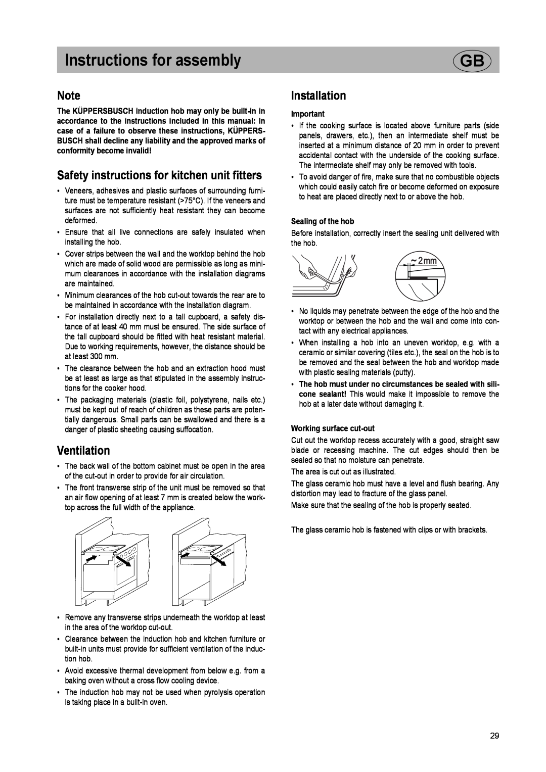 Kuppersbusch USA EKI 407.0M Instructions for assembly, Safety instructions for kitchen unit fitters, Ventilation 