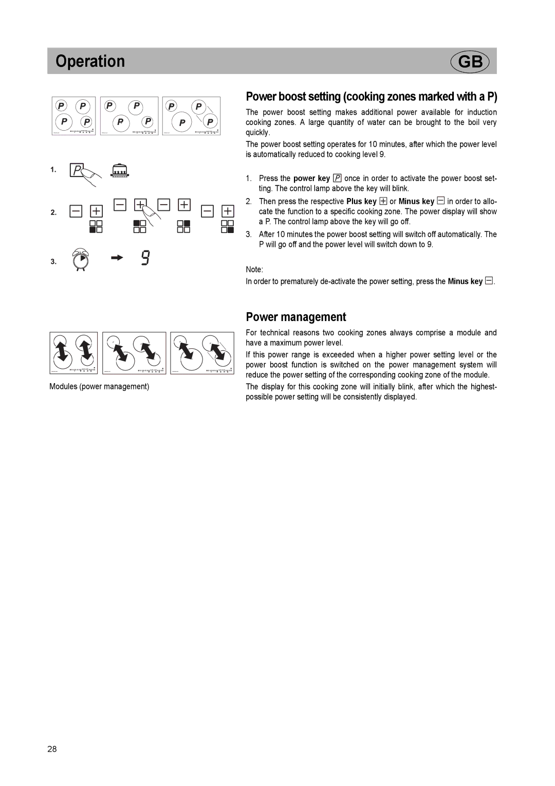 Kuppersbusch USA EKI 807.2, EKI 607.2 Power boost setting cooking zones marked with a P, Power management, Or Minus key 