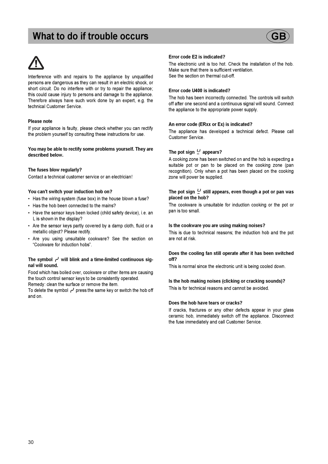 Kuppersbusch USA EKI 848.0, EKI 607.2, EKI 807.2 installation instructions What to do if trouble occurs 