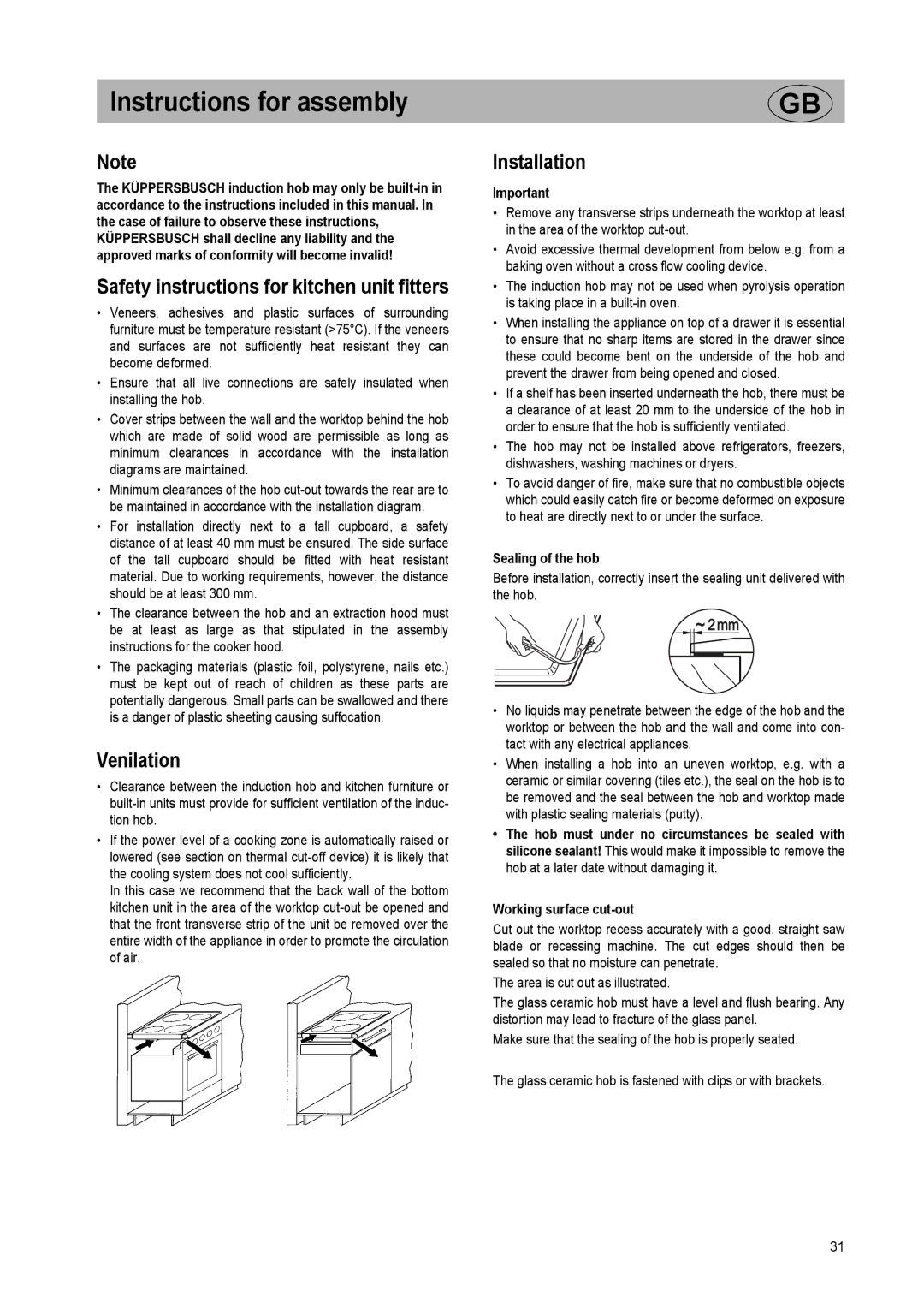 Kuppersbusch USA EKI 807.2, EKI 607.2 Instructions for assembly, Safety instructions for kitchen unit fitters, Venilation 