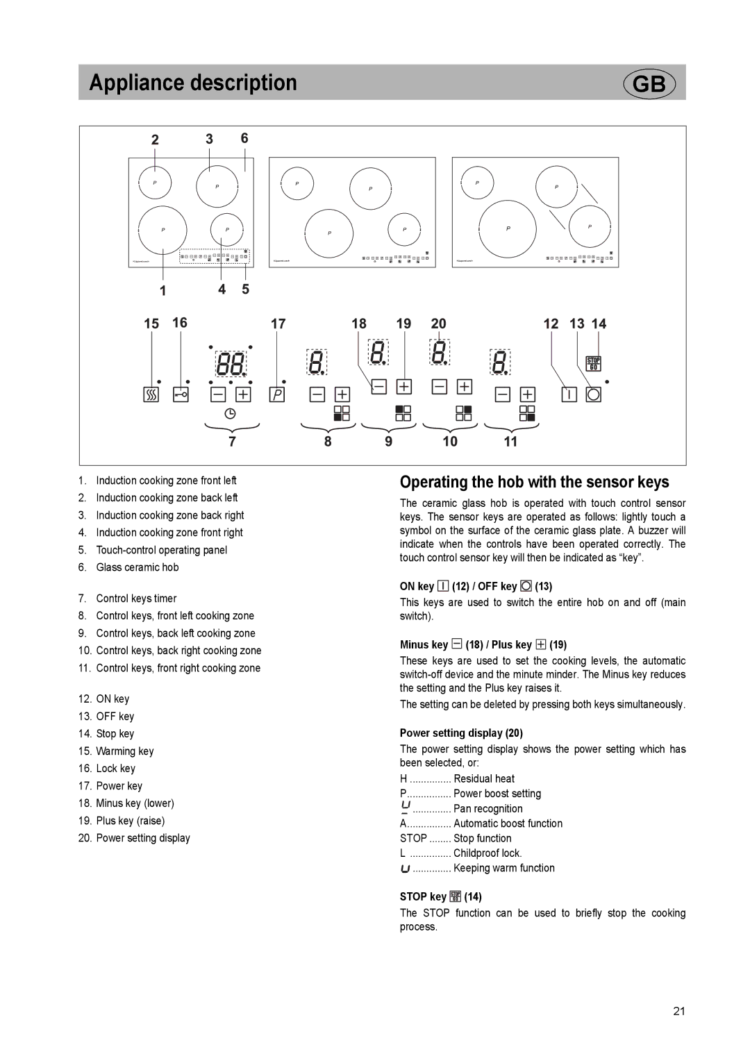 Kuppersbusch USA EKI 848.0, EKI 607.2, EKI 807.2 Appliance description, Operating the hob with the sensor keys 