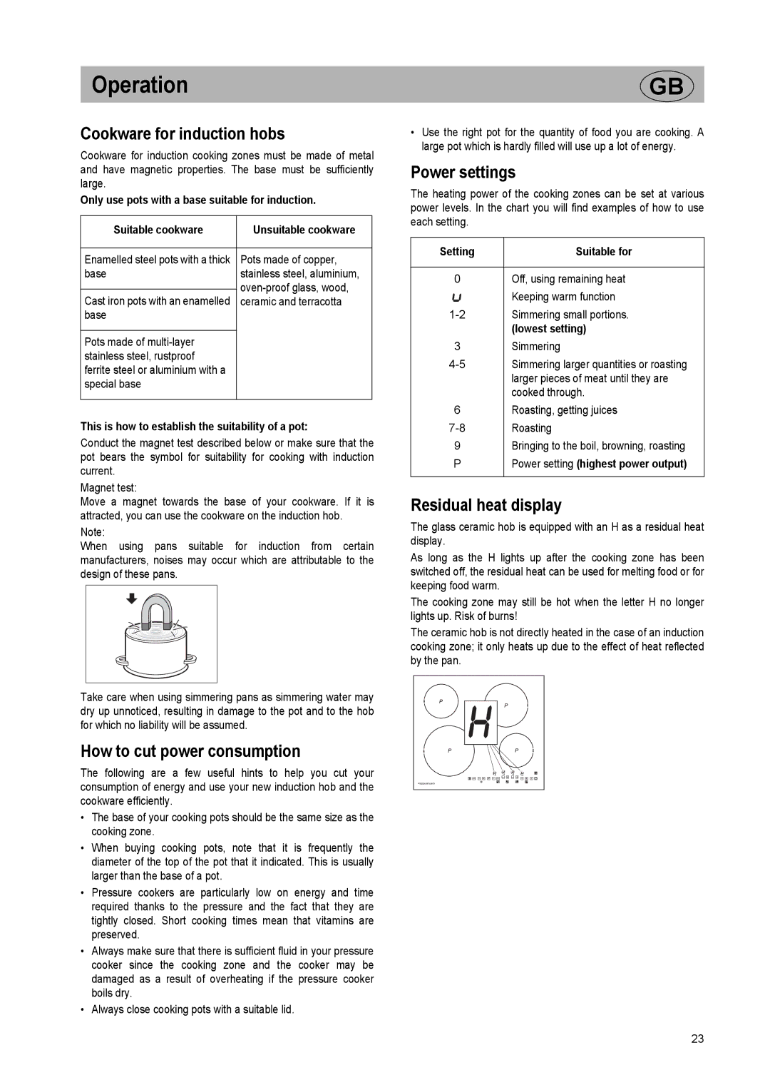 Kuppersbusch USA EKI 607.2, EKI 848.0, EKI 807.2 Cookware for induction hobs, How to cut power consumption, Power settings 