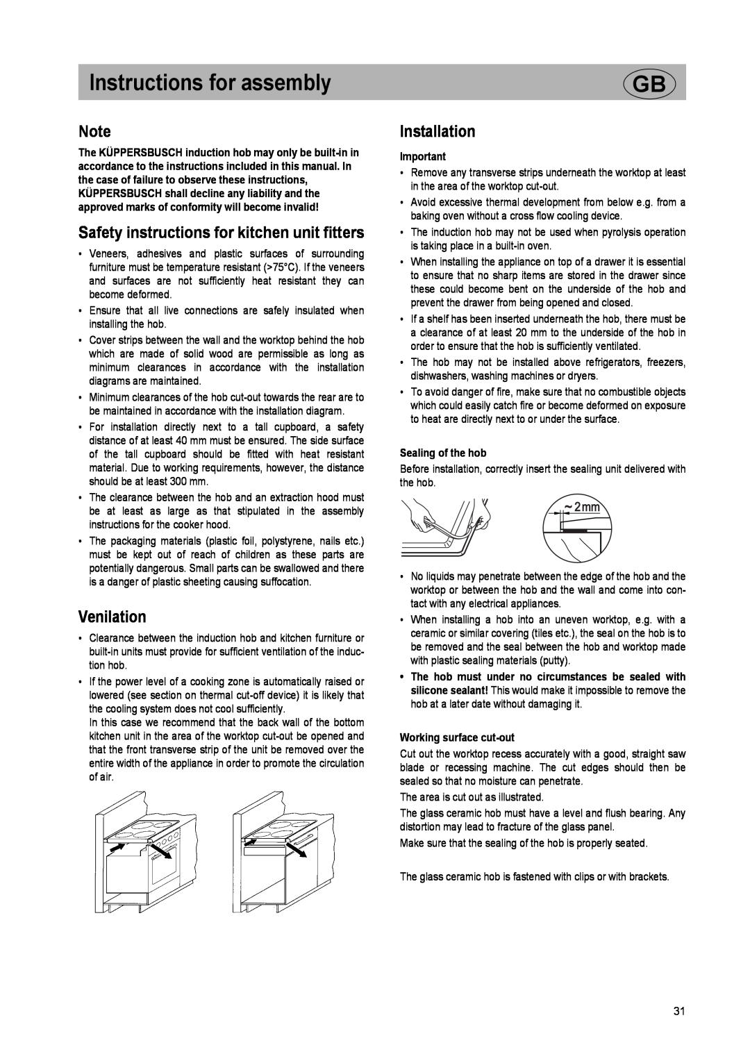 Kuppersbusch USA EKI 807.2, EKI 607.2 Instructions for assembly, Safety instructions for kitchen unit fitters, Venilation 