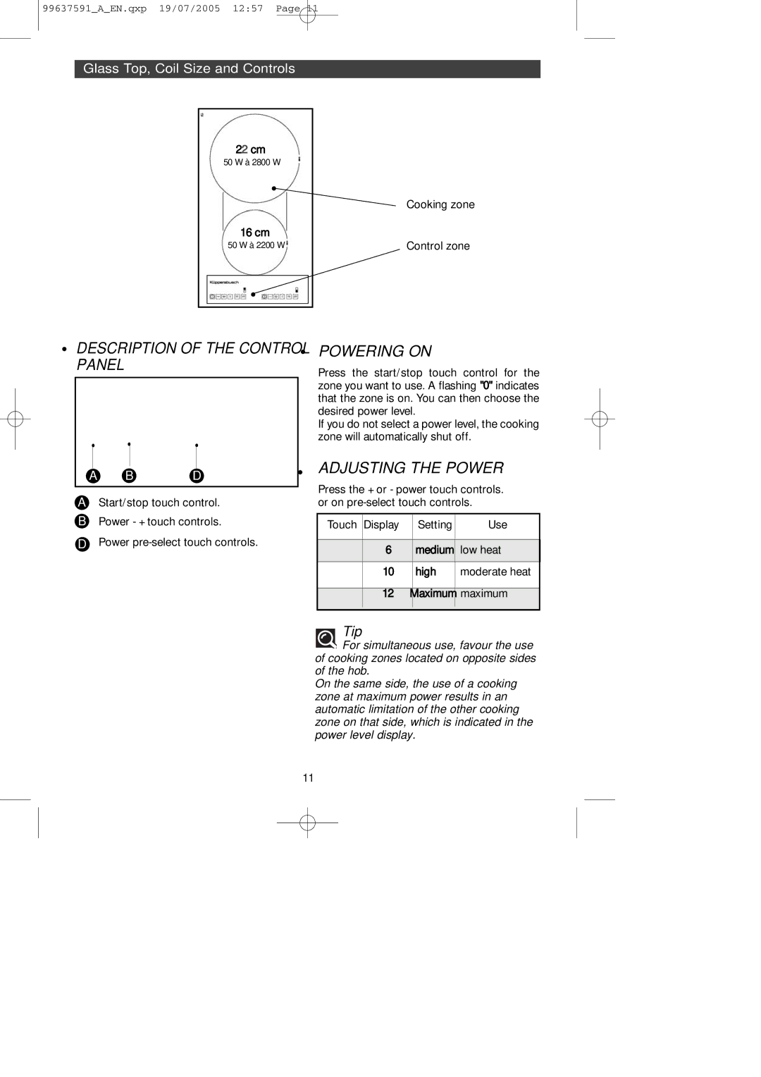 Kuppersbusch USA EKI326UL manual Description of the Control Panel 