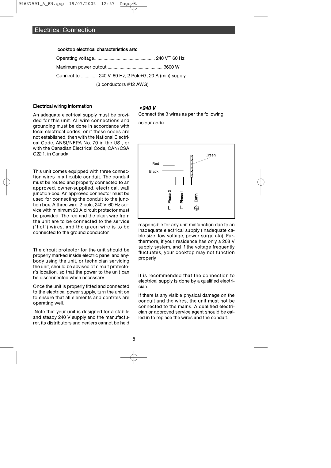 Kuppersbusch USA EKI326UL manual Electrical Connection 