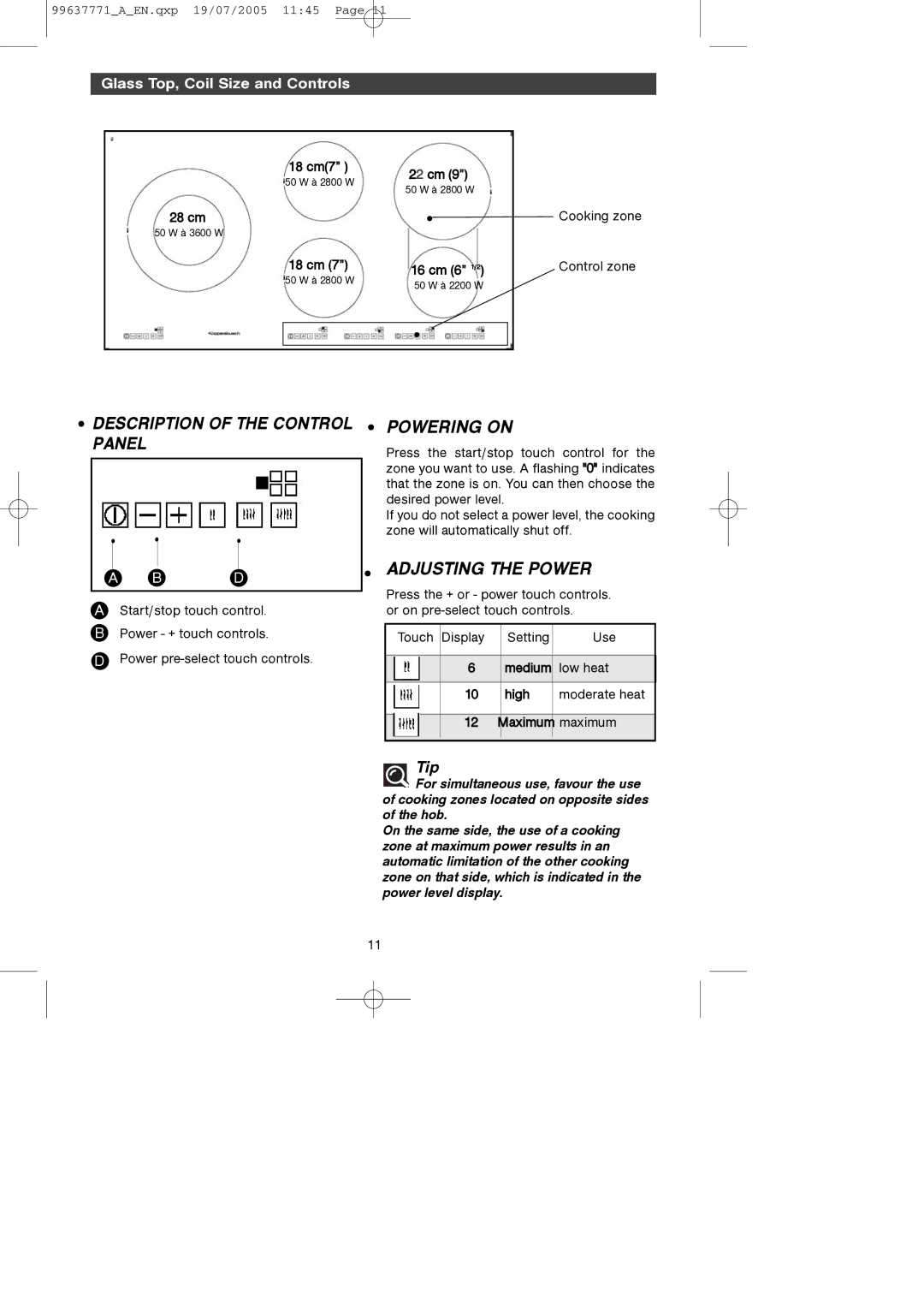 Kuppersbusch USA EKI956UL manual Description of the Control Panel 