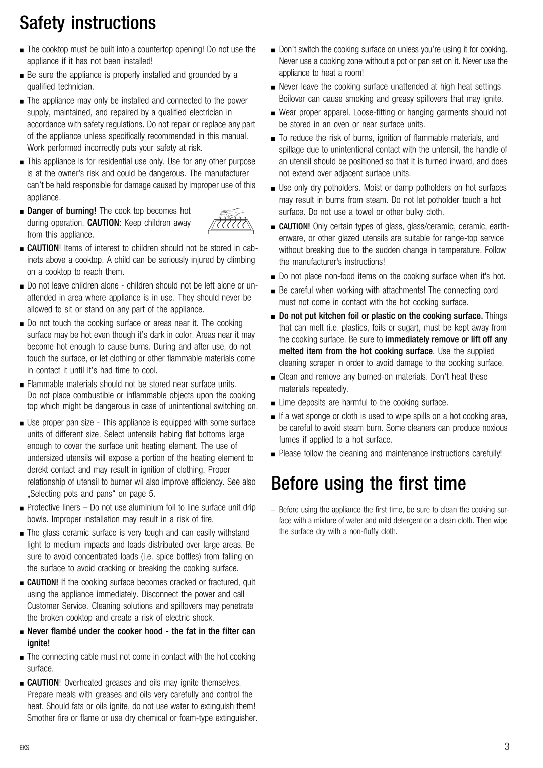 Kuppersbusch USA EKS 604.2, EKS 804.2 manual Safety instructions, Before using the first time 