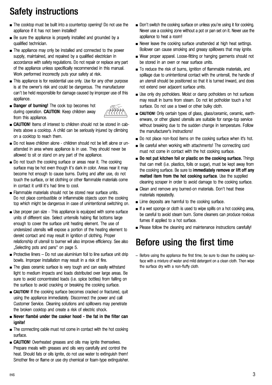 Kuppersbusch USA EKS 604.2, EKS 804.2 manual Safety instructions, Before using the first time 