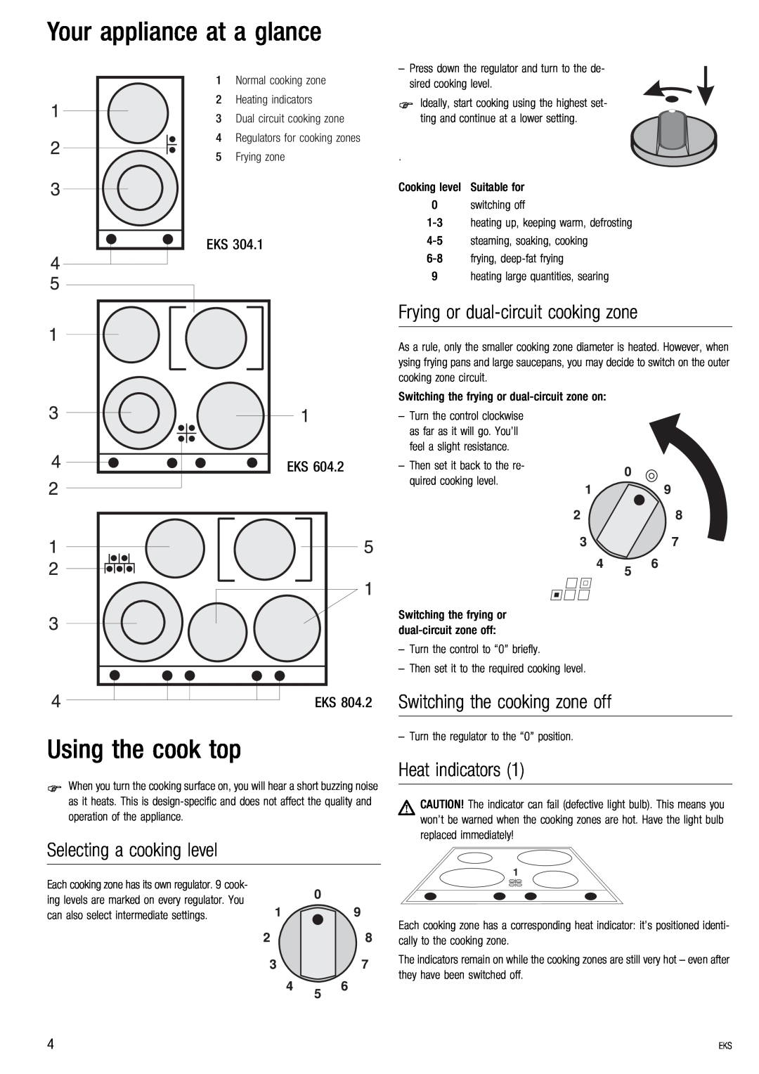 Kuppersbusch USA EKS 804.2 Your appliance at a glance, Using the cook top, Frying or dual-circuitcooking zone, Eks Eks 