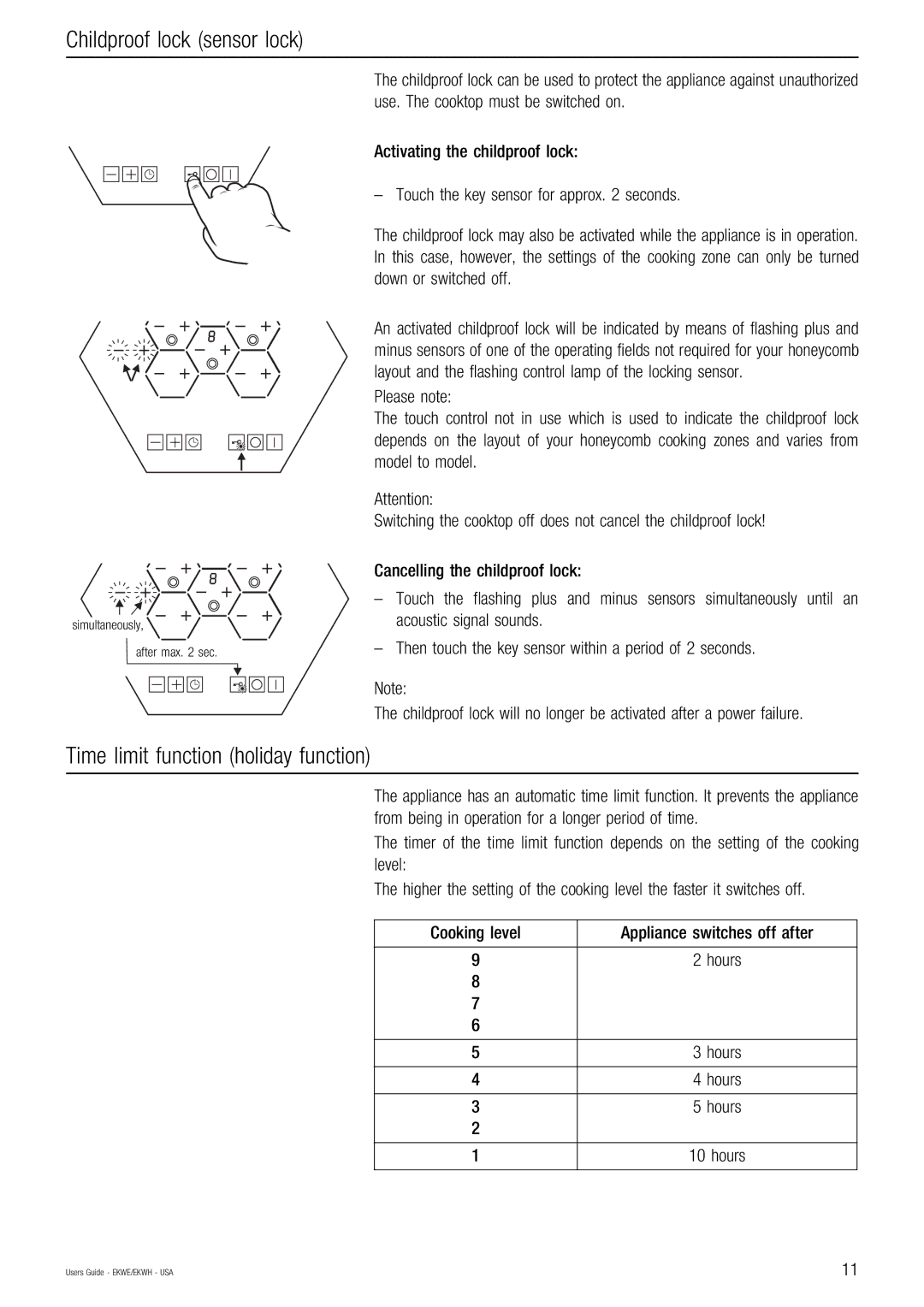Kuppersbusch USA EKWE, EKWH manual Childproof lock sensor lock, Time limit function holiday function 