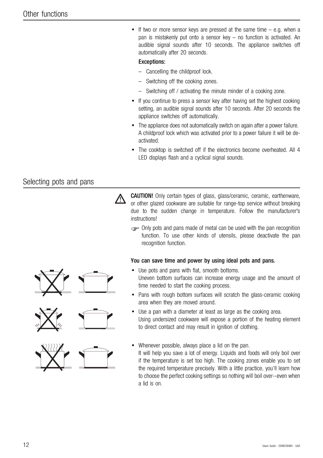 Kuppersbusch USA EKWH, EKWE manual Other functions, Selecting pots and pans, Exceptions 
