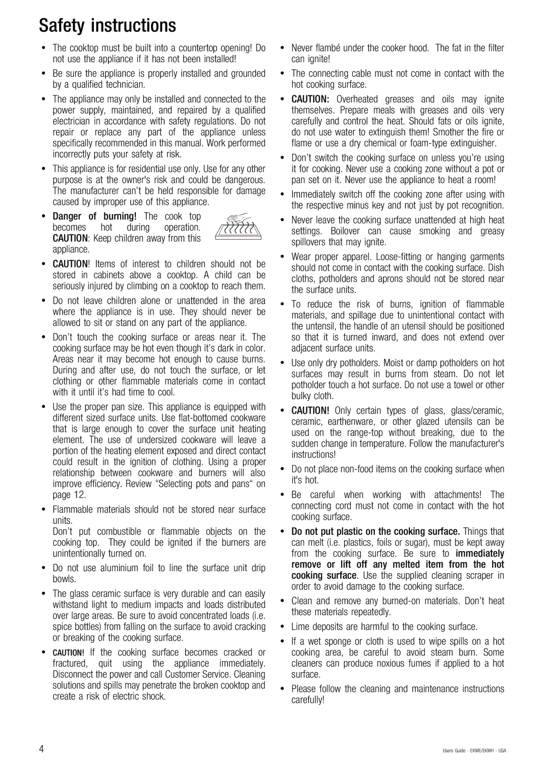 Kuppersbusch USA EKWH, EKWE manual Safety instructions 