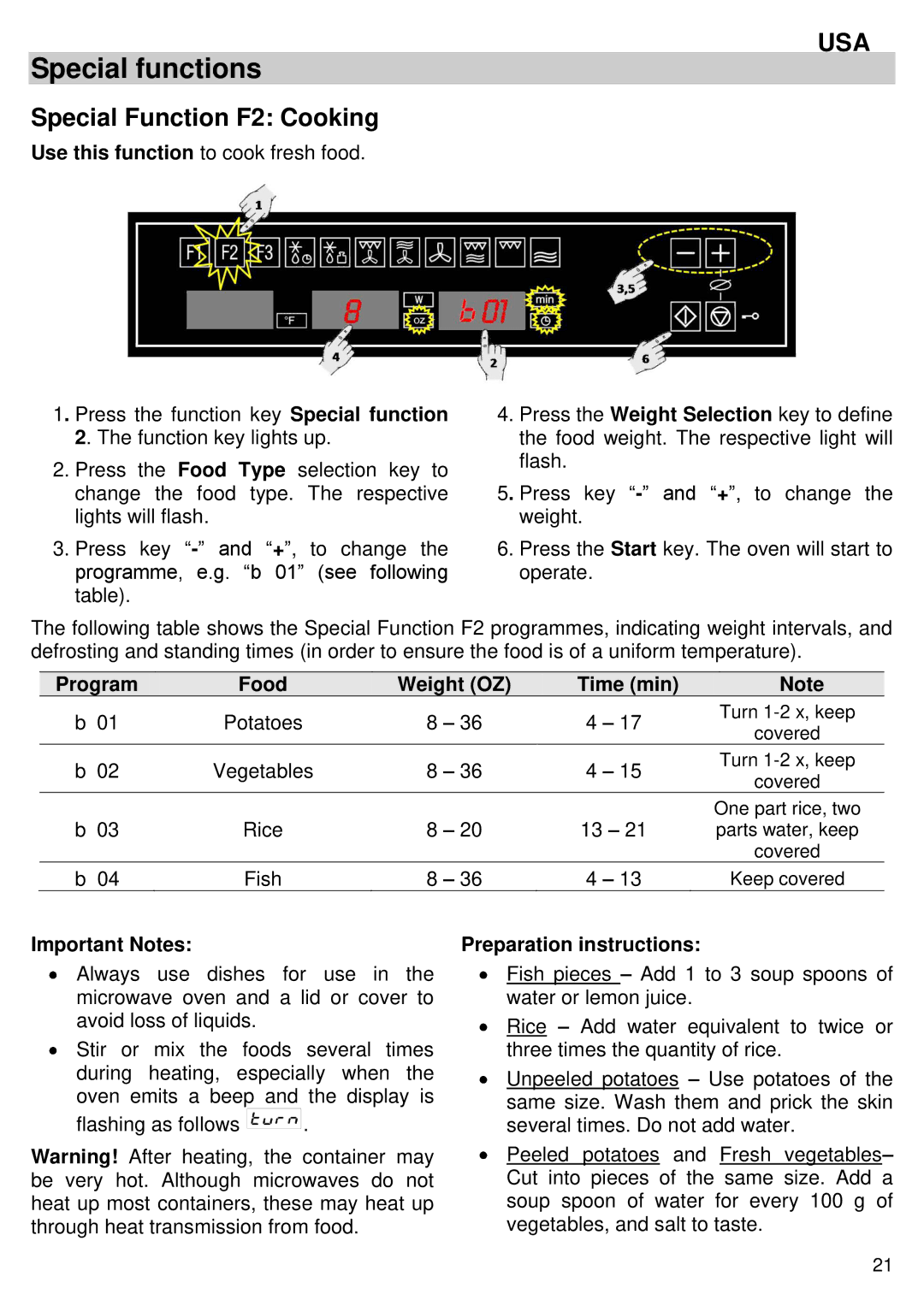 Kuppersbusch USA EMWK1050.1E-UL instruction manual Special Function F2 Cooking, Program Food Weight OZ Time min 