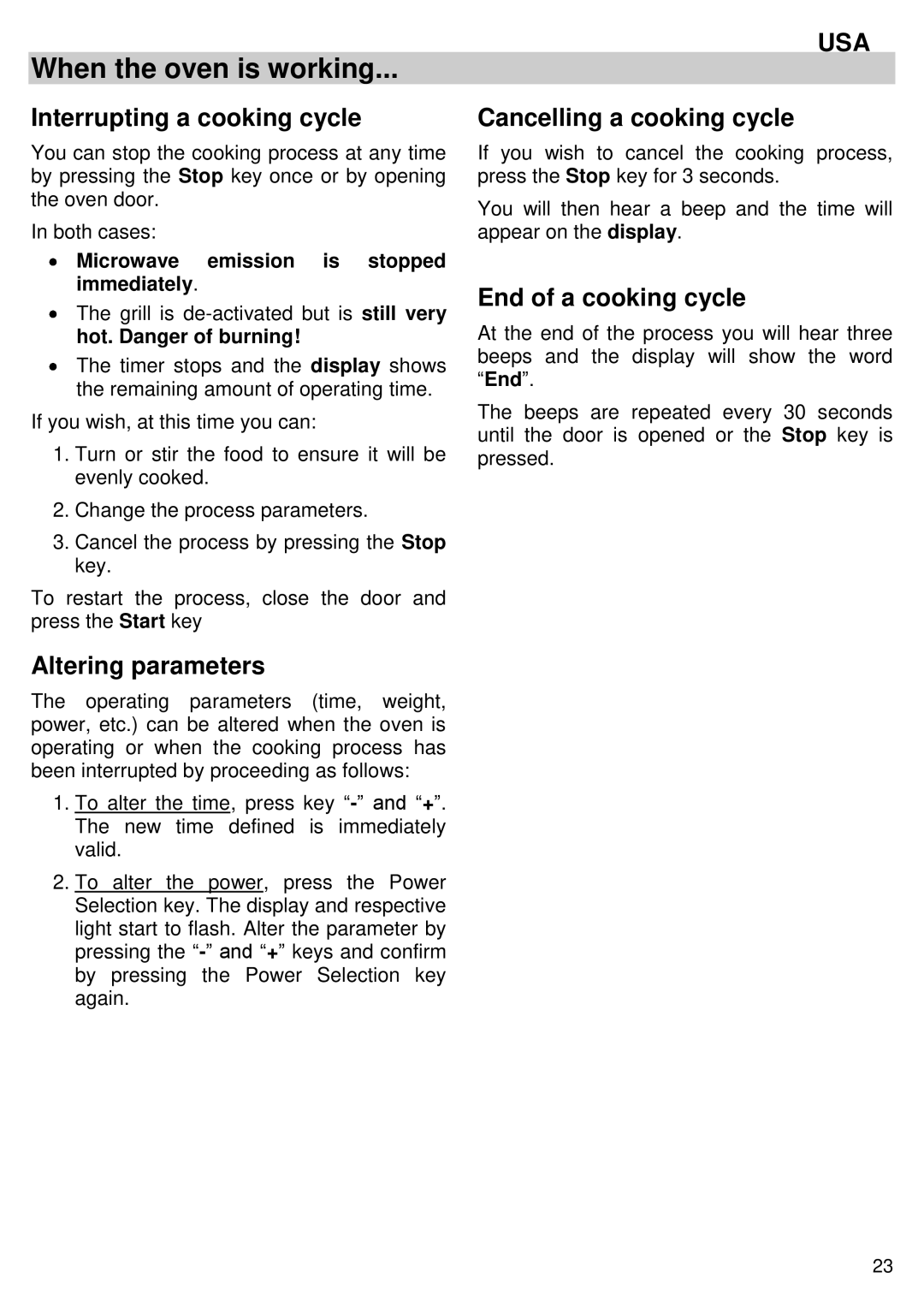 Kuppersbusch USA EMWK1050.1E-UL When the oven is working, Interrupting a cooking cycle, Altering parameters 
