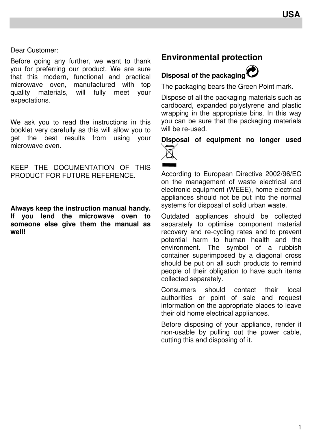 Kuppersbusch USA EMWK1050.1E-UL Environmental protection, Disposal of the packaging, Disposal of equipment no longer used 