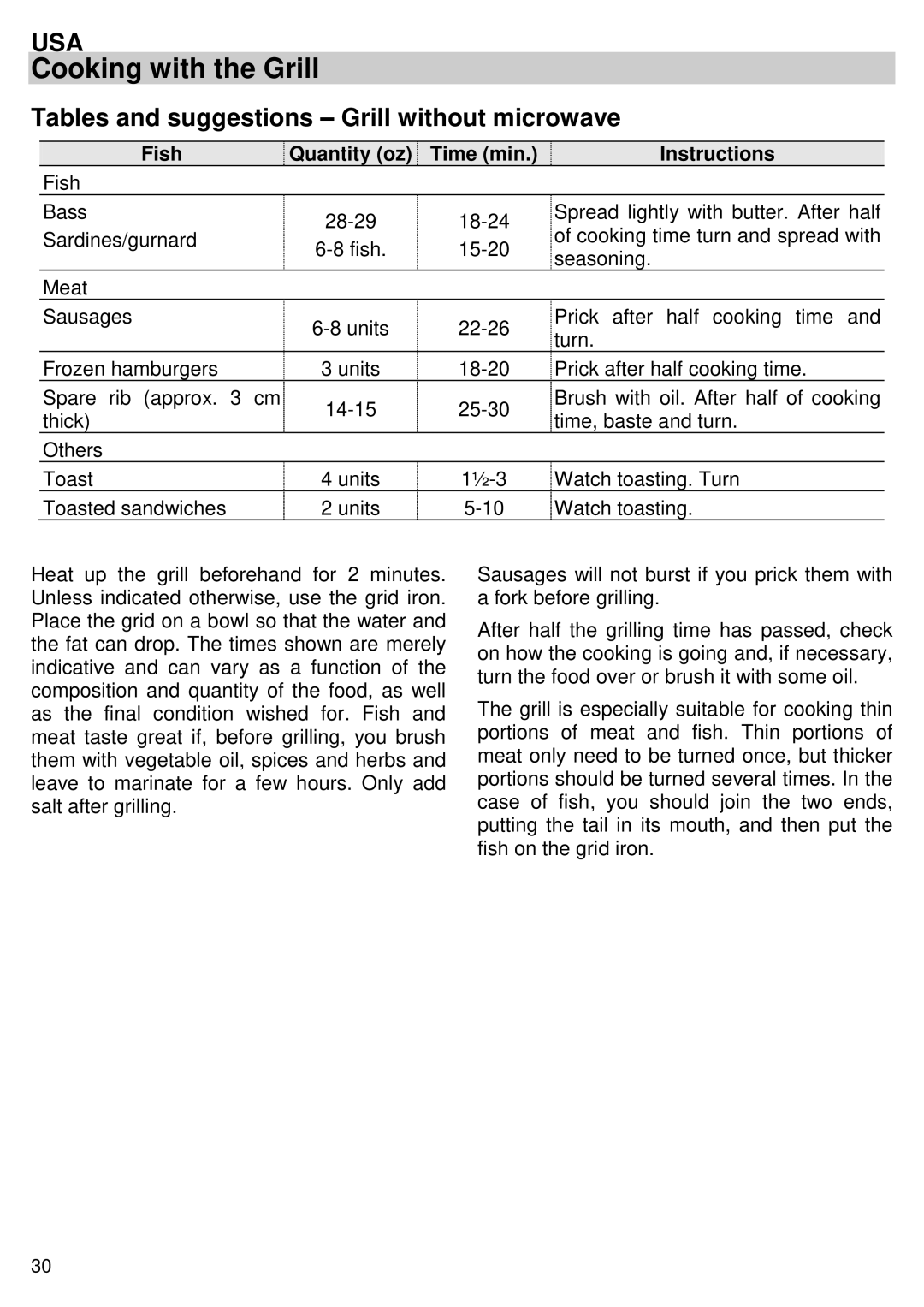 Kuppersbusch USA EMWK1050.1E-UL Tables and suggestions Grill without microwave, Fish Quantity oz Time min Instructions 