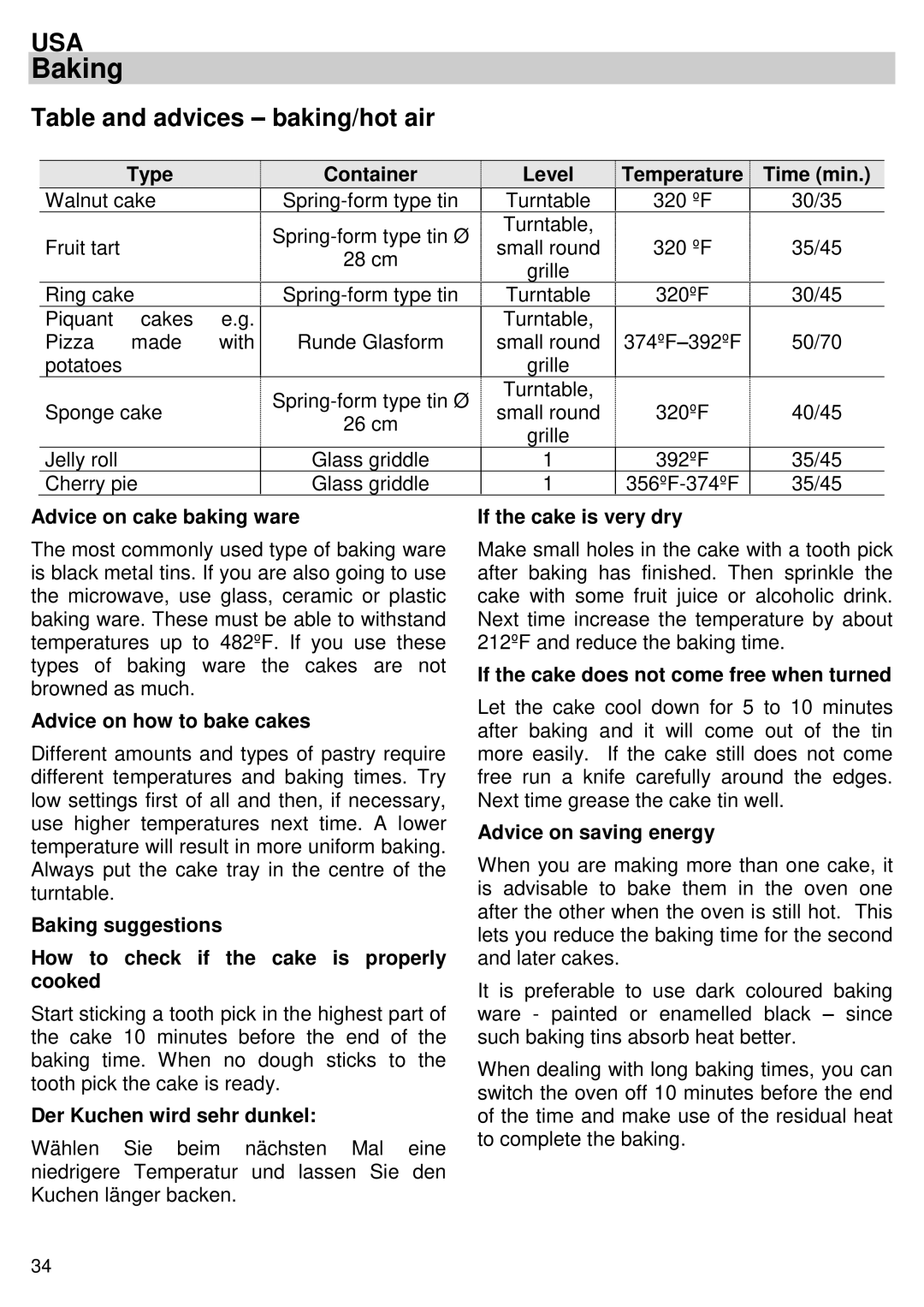 Kuppersbusch USA EMWK1050.1E-UL instruction manual Baking, Table and advices baking/hot air 