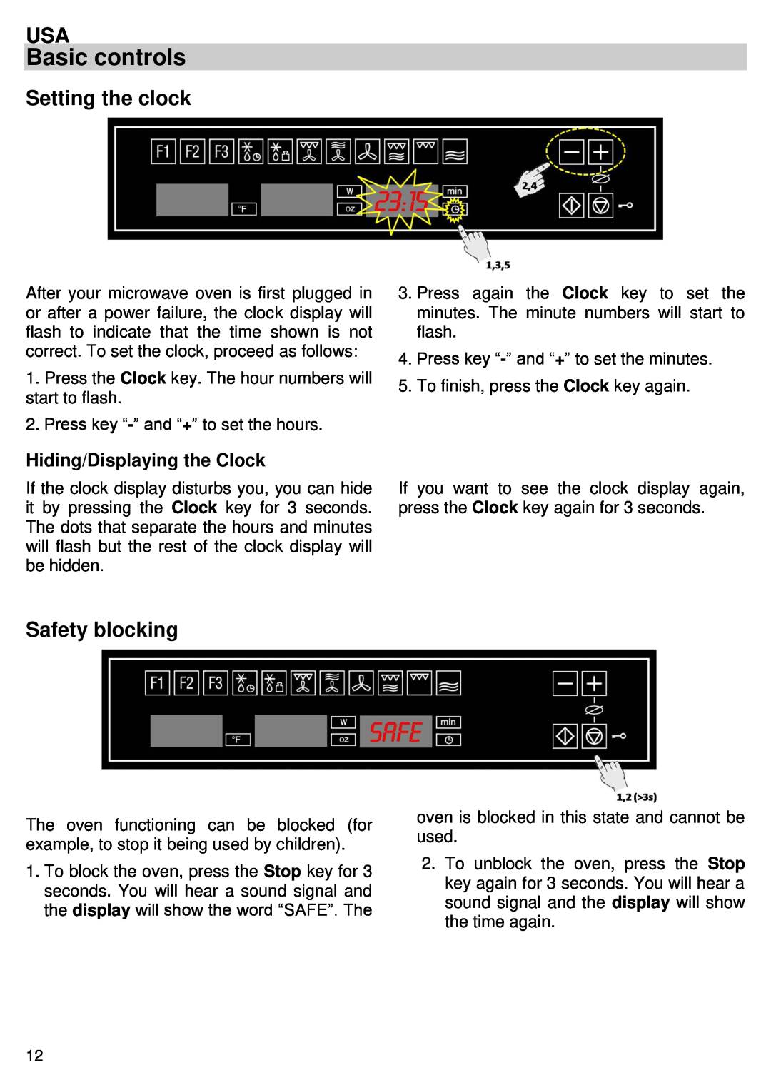 Kuppersbusch USA EMWK1050.1E-UL instruction manual Basic controls, Setting the clock, Safety blocking 