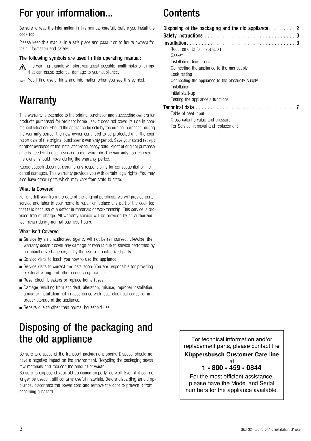 Kuppersbusch USA GKS 644.0, GKS 324.0 installation instructions For your information, Warranty 