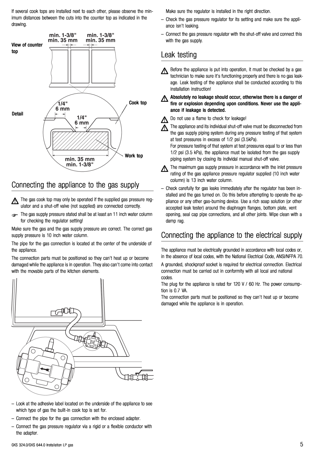 Kuppersbusch USA GKS 324.0, GKS 644.0 installation instructions Leak testing, Connecting the appliance to the gas supply 