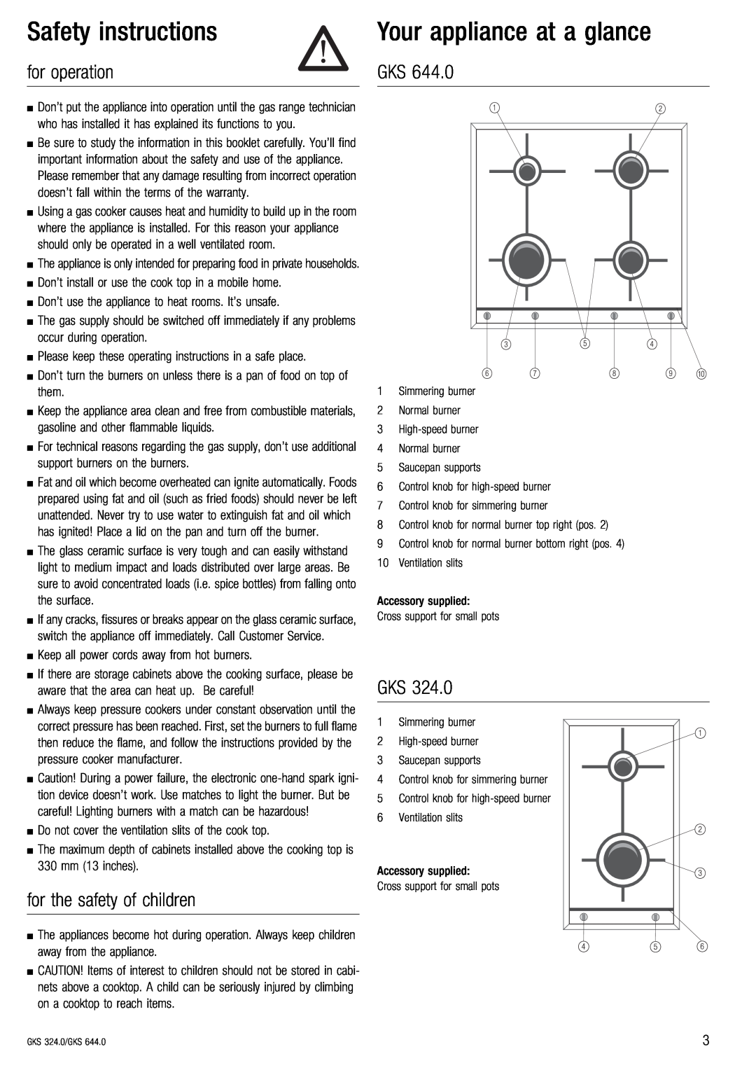 Kuppersbusch USA GKS 324.0 Safety instructions, for operation, for the safety of children, Your appliance at a glance 