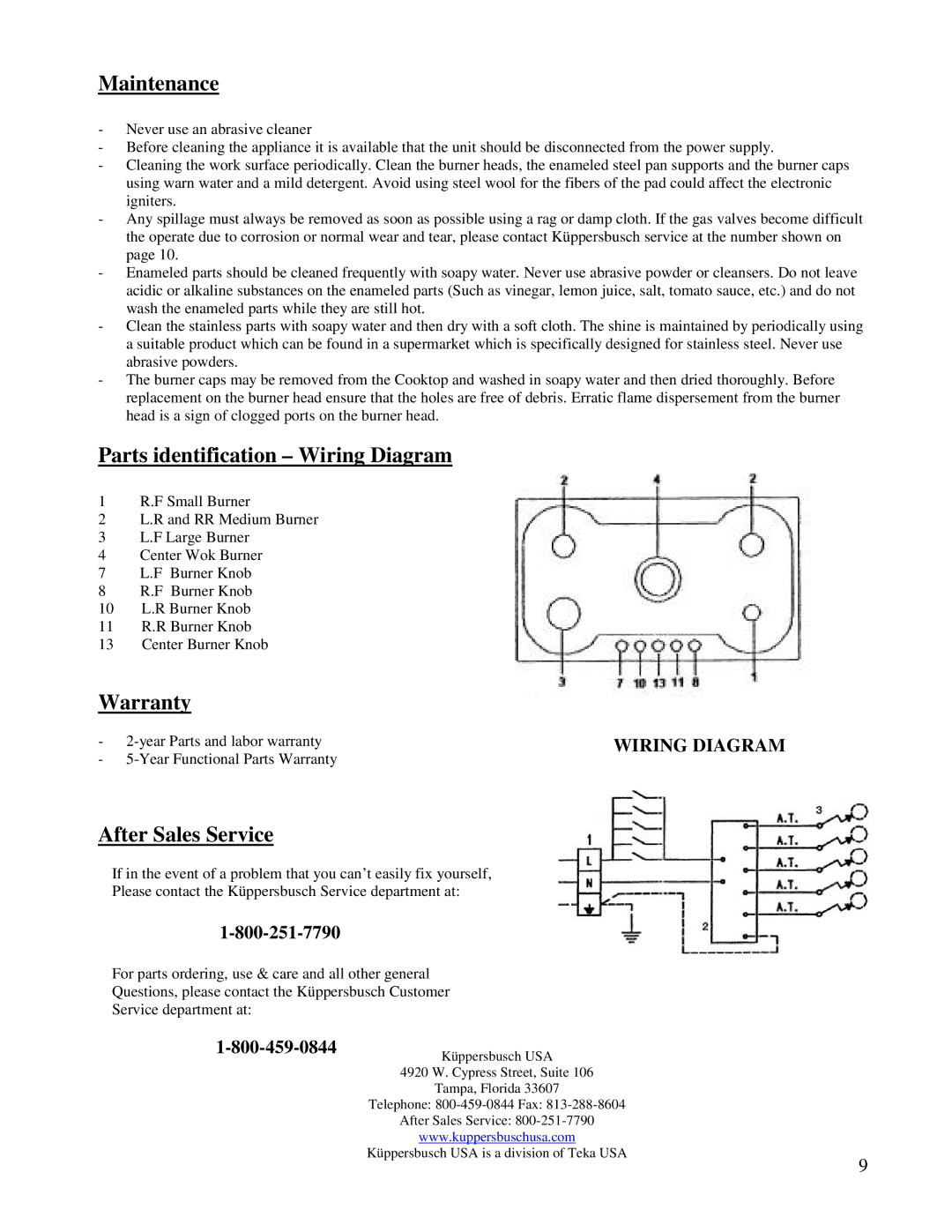 Kuppersbusch USA GMS 955.1 manual Maintenance, Parts identification Wiring Diagram, Warranty, After Sales Service 