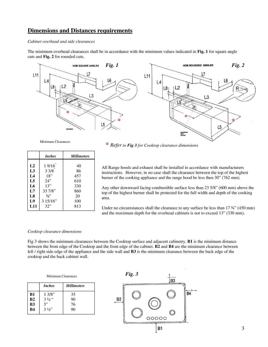 Kuppersbusch USA GMS 955.1 manual Dimensions and Distances requirements, Cabinet overhead and side clearances 