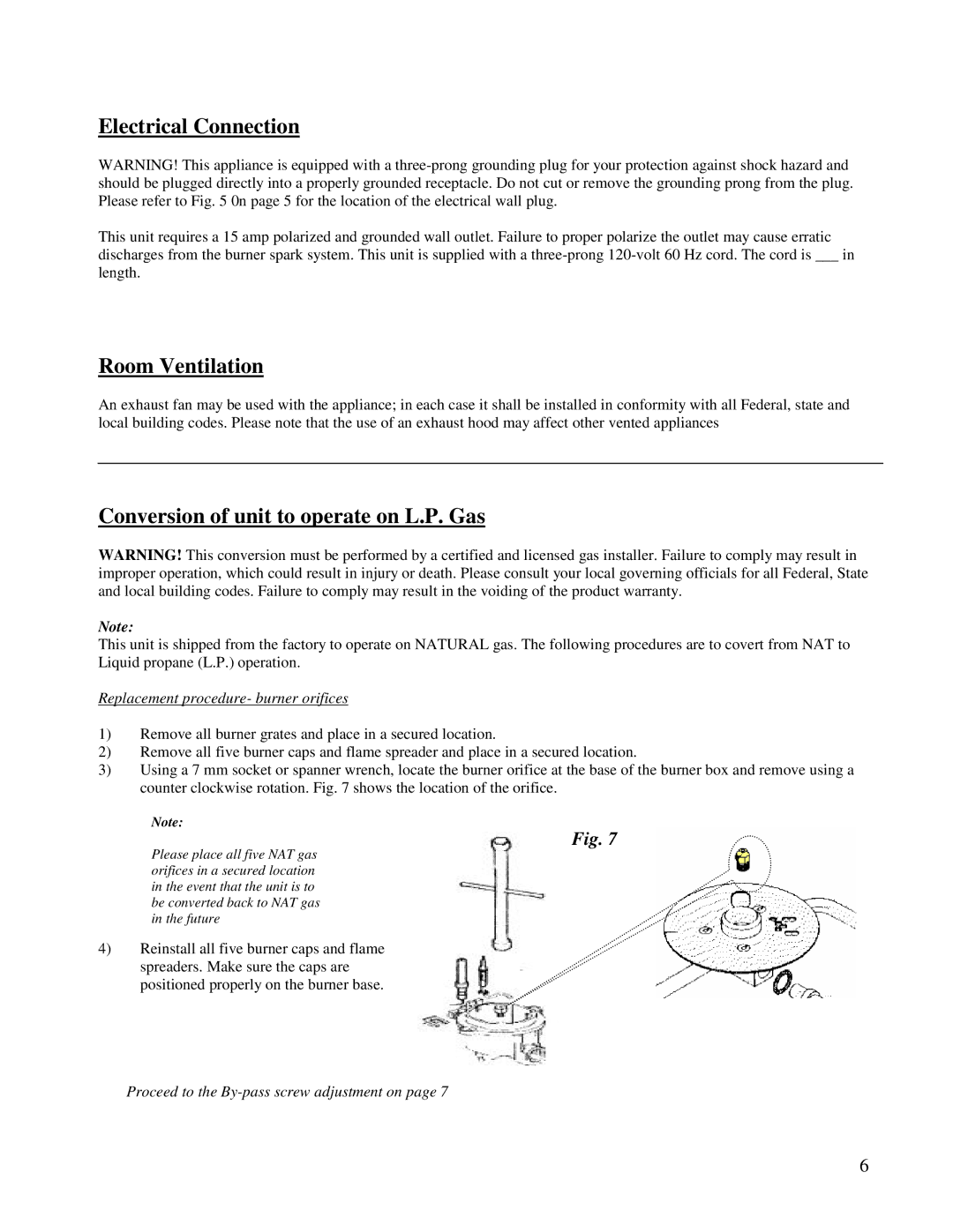 Kuppersbusch USA GMS 955.1 manual Electrical Connection, Room Ventilation, Conversion of unit to operate on L.P. Gas 