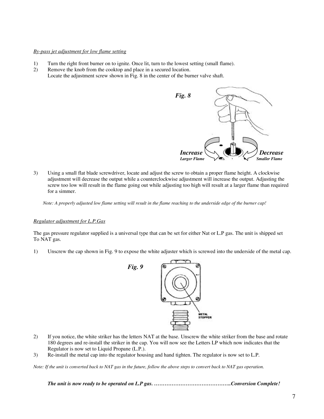 Kuppersbusch USA GMS 955.1 manual By-pass jet adjustment for low flame setting, Regulator adjustment for L.P.Gas 