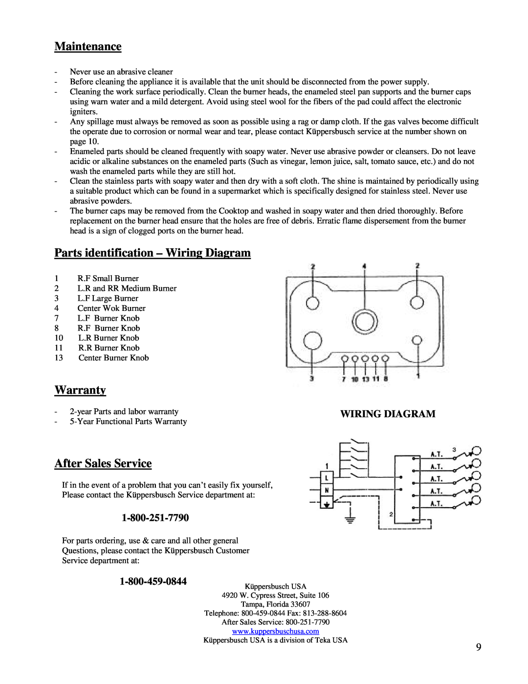 Kuppersbusch USA GMS 955.1 manual Maintenance, Parts identification - Wiring Diagram, Warranty, After Sales Service 
