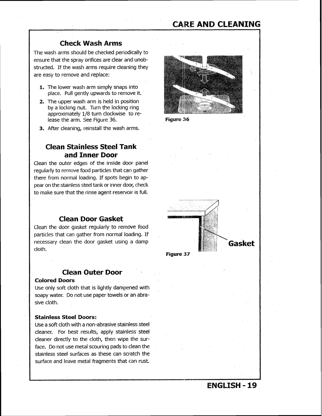 Kuppersbusch USA IGVS669 manual Check Wash Arms, Clean Stainless Steel Tank Inner Door, Ciean Door Gasket, Clean Outer Doar 