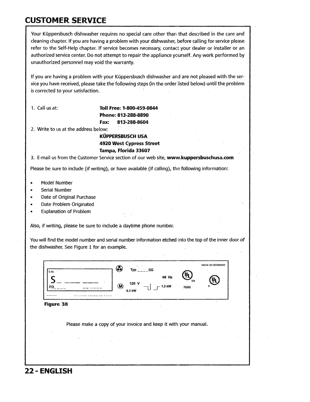 Kuppersbusch USA IGVS669 manual Customer Service, Tampa, Florida 