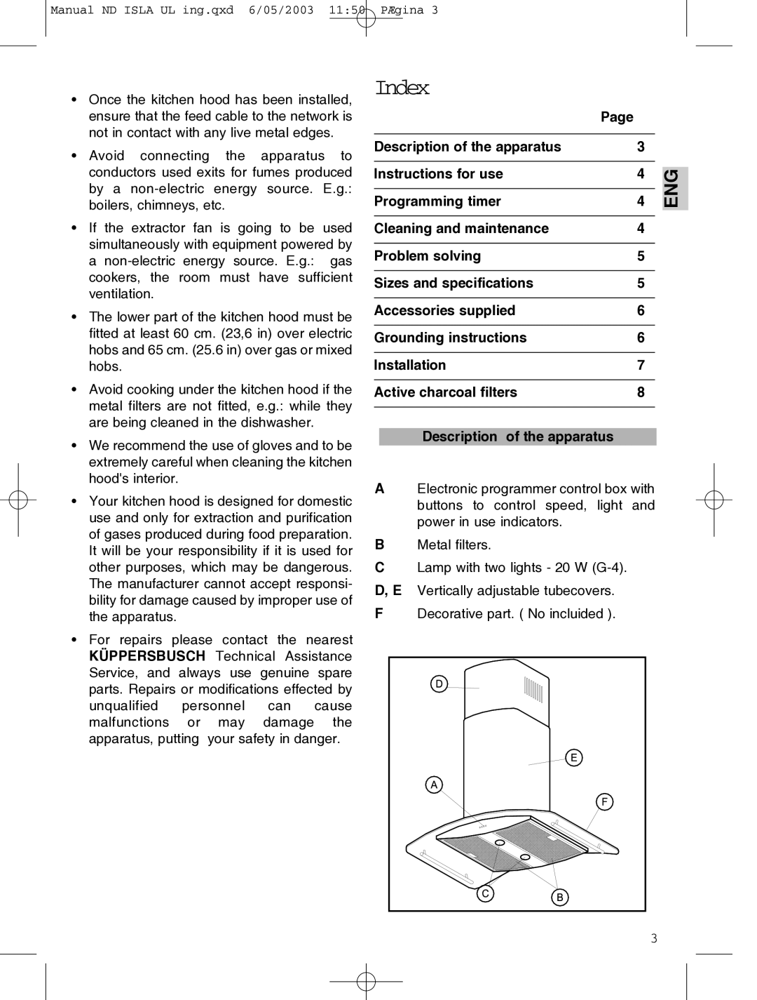 Kuppersbusch USA IKD 1157.1 GE-UL installation instructions Index, Description of the apparatus Instructions for use 