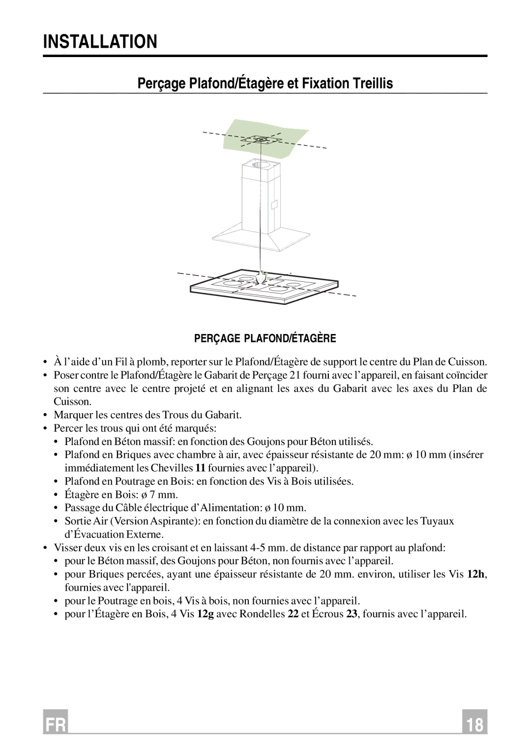 Kuppersbusch USA IKD 12250.0 manual Perçage Plafond/Étagère et Fixation Treillis, Perçage PLAFOND/ÉTAGÈRE 