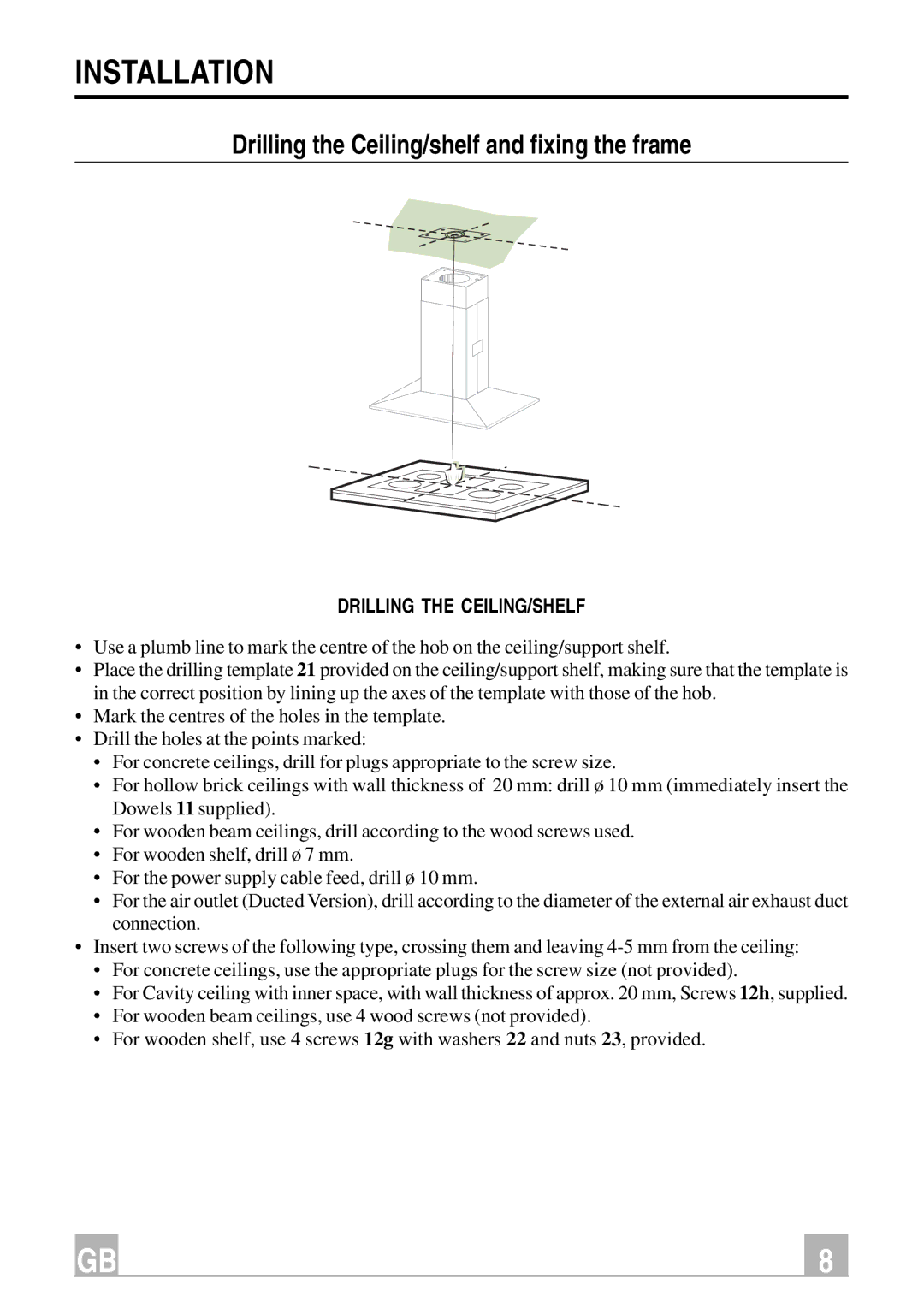 Kuppersbusch USA IKD 12250.0 Installation, Drilling the Ceiling/shelf and fixing the frame, Drilling the CEILING/SHELF 