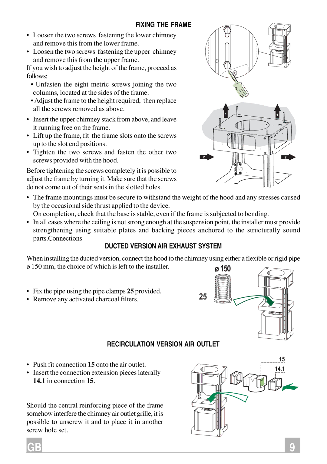 Kuppersbusch USA IKD 12250.0 manual Fixing the Frame, Ducted Version AIR Exhaust System, Recirculation Version AIR Outlet 