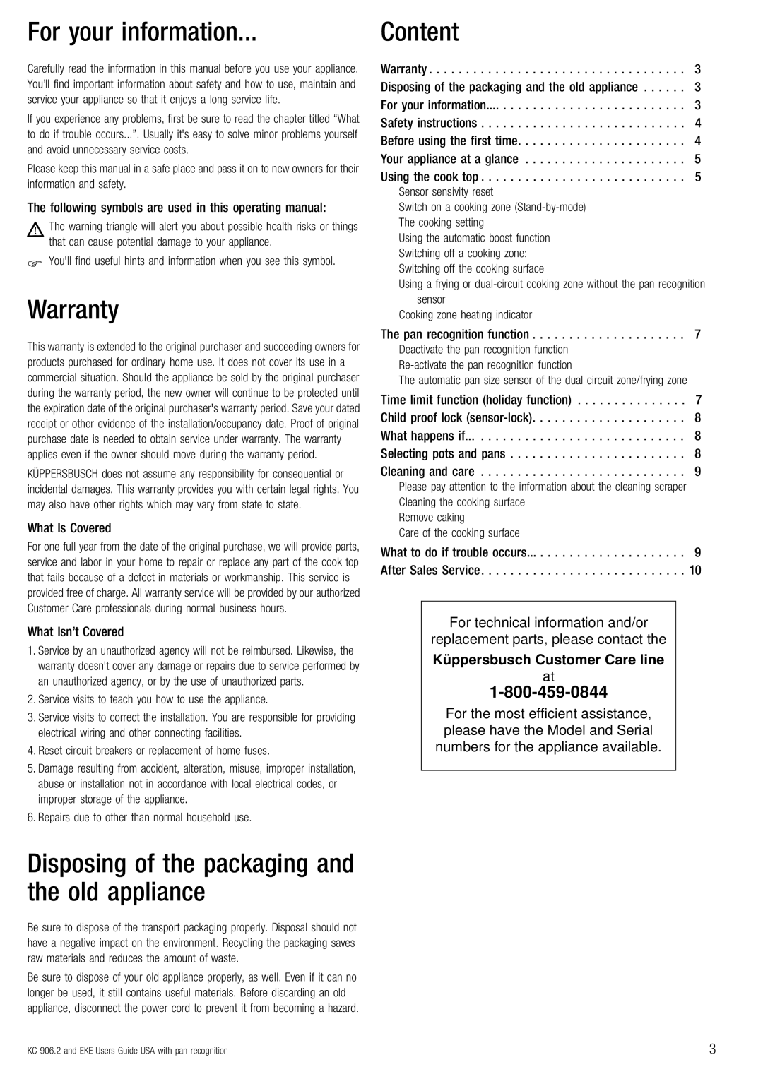 Kuppersbusch USA 804.2, KC 906.2, 604.2 For your information, Warranty, Disposing of the packaging and the old appliance 