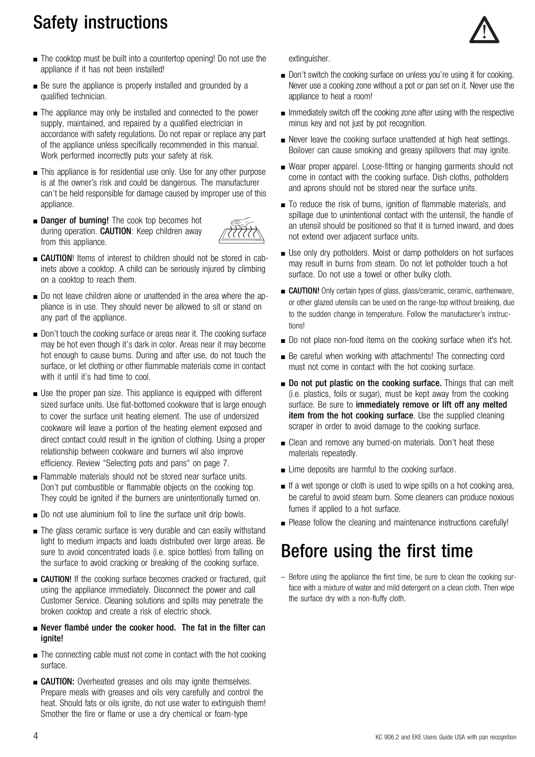 Kuppersbusch USA KC 906.2, EKE 854.2, 604.2, 804.2 manual Safety instructions, Before using the first time 