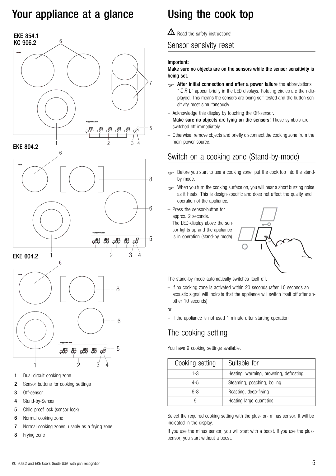 Kuppersbusch USA EKE 854.2 Your appliance at a glance, Using the cook top, Sensor sensivity reset, Cooking setting, Eke 