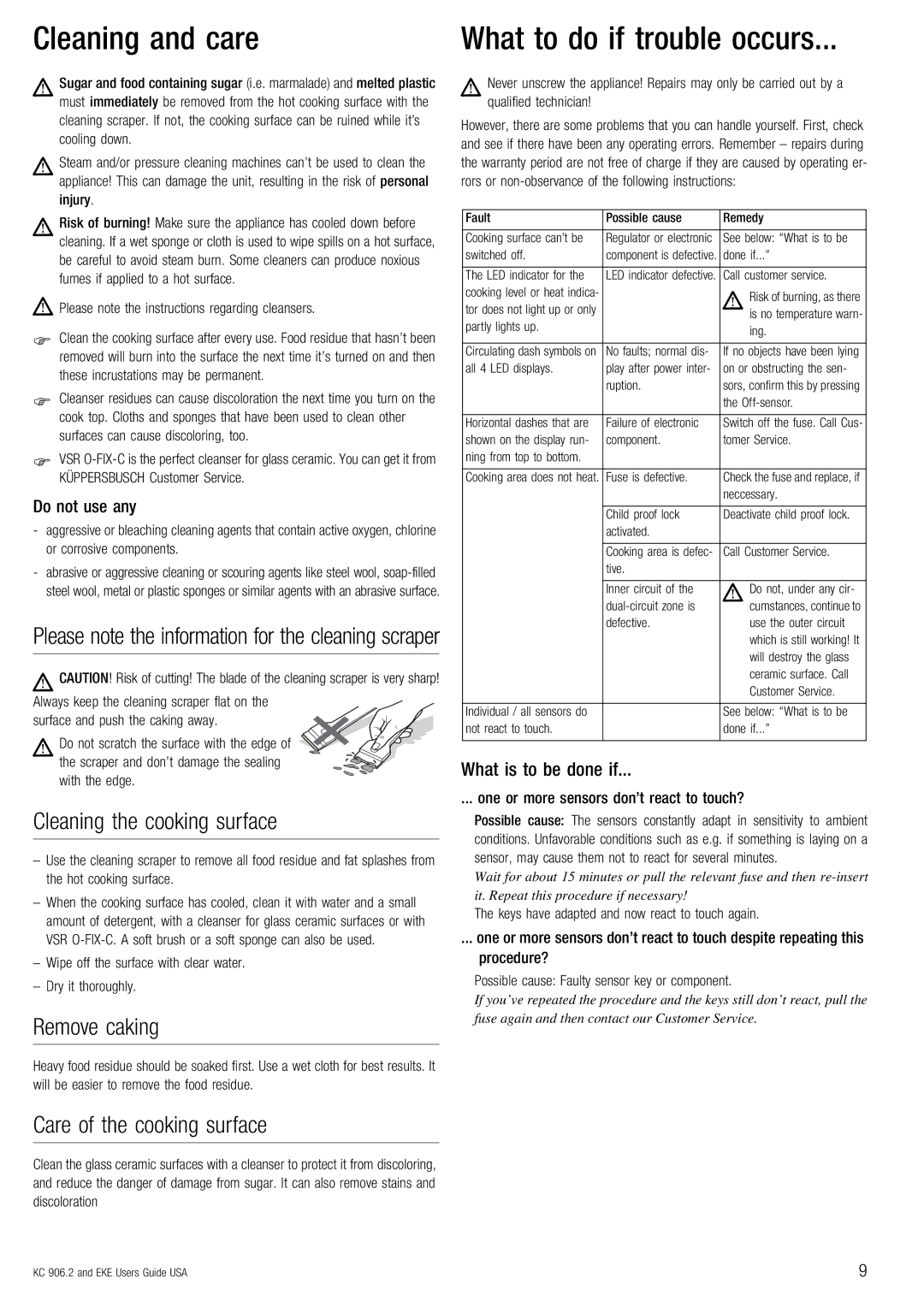 Kuppersbusch USA kc_906 manual Cleaning and care, Cleaning the cooking surface, Remove caking, Care of the cooking surface 