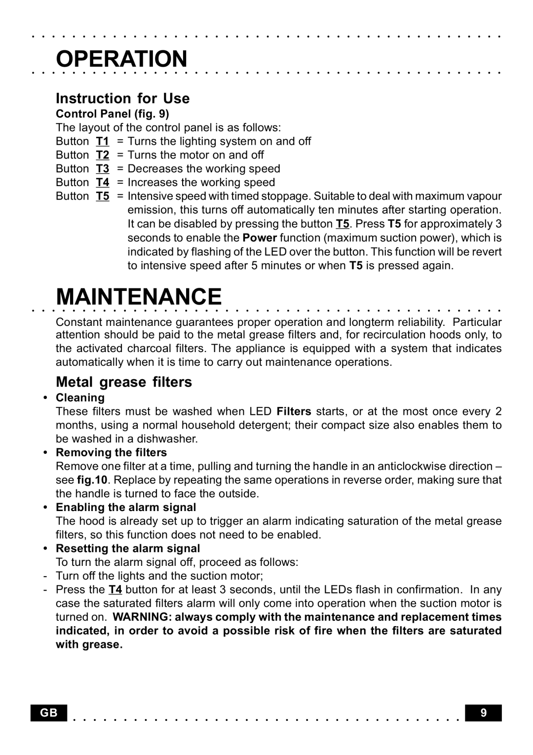 Kuppersbusch USA KD 6500.1 manual Operation, Maintenance, Instruction for Use, Metal grease filters 