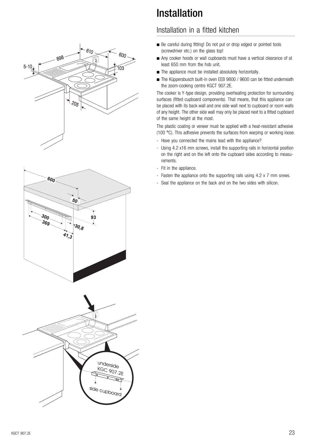 Kuppersbusch USA KGCT 907.2E installation instructions Installation in a fitted kitchen 