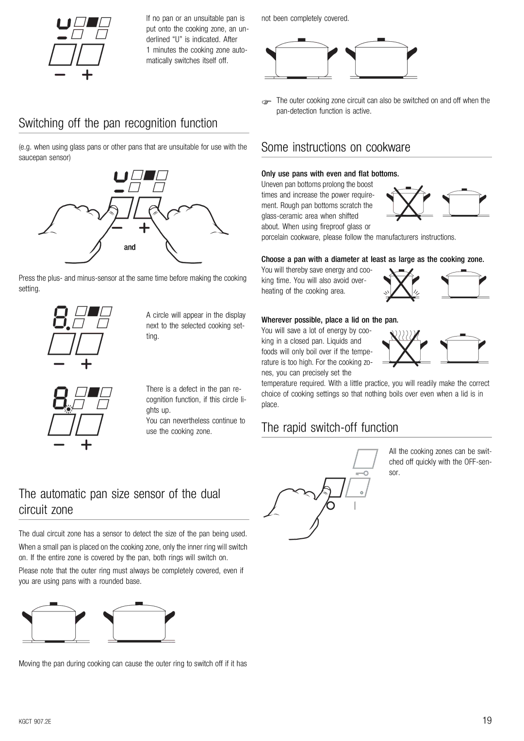 Kuppersbusch USA KGCT 907.2E Automatic pan size sensor of the dual circuit zone, Some instructions on cookware 