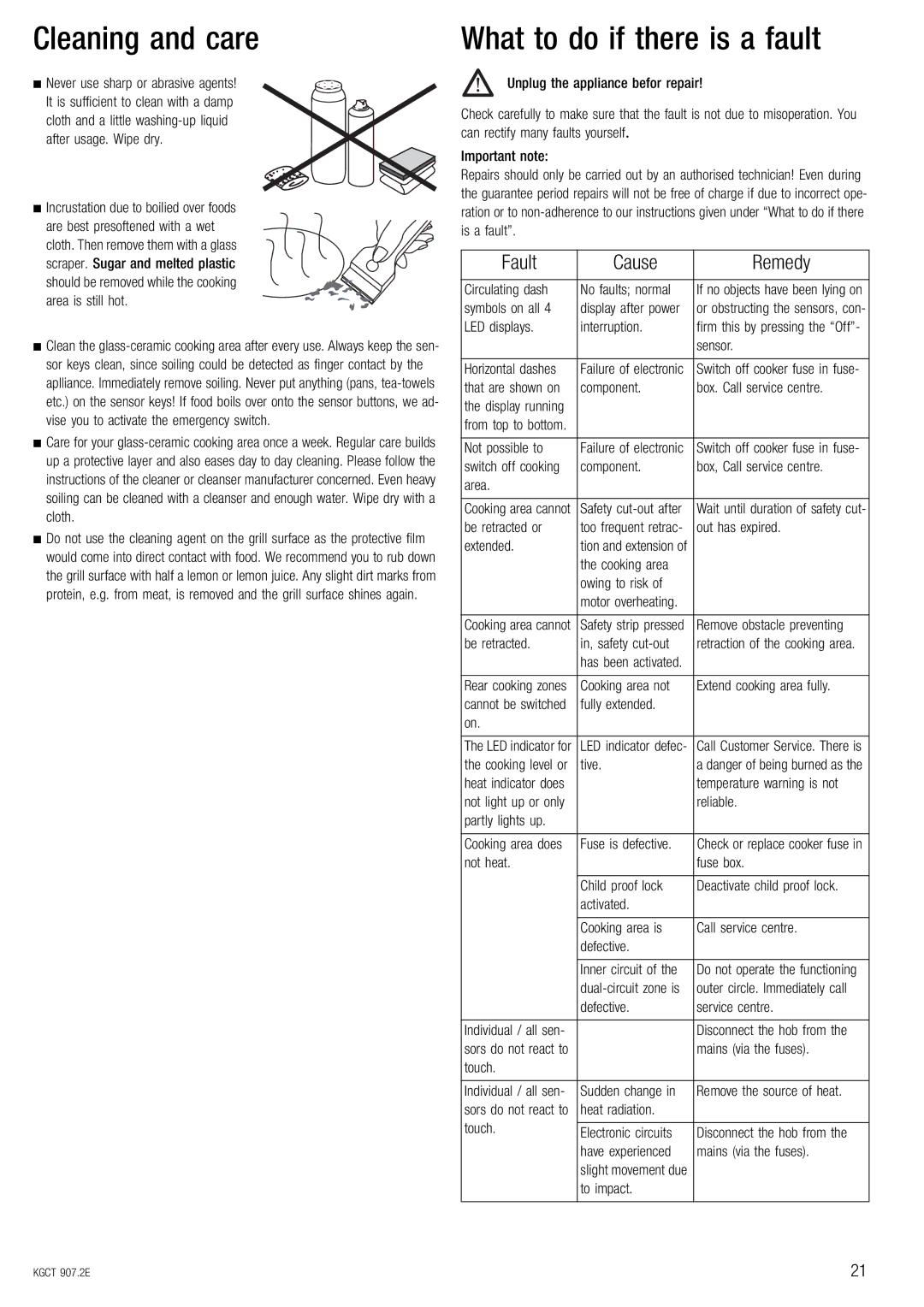 Kuppersbusch USA KGCT 907.2E Cleaning and care, Fault Cause Remedy, Unplug the appliance befor repair, Important note 