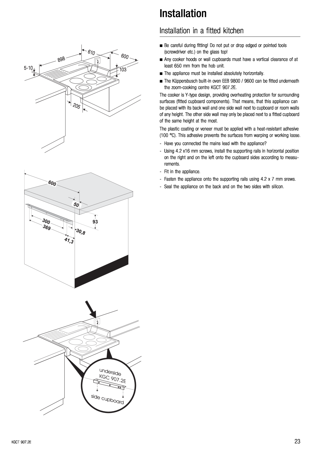 Kuppersbusch USA KGCT 907.2E installation instructions Installation in a fitted kitchen 