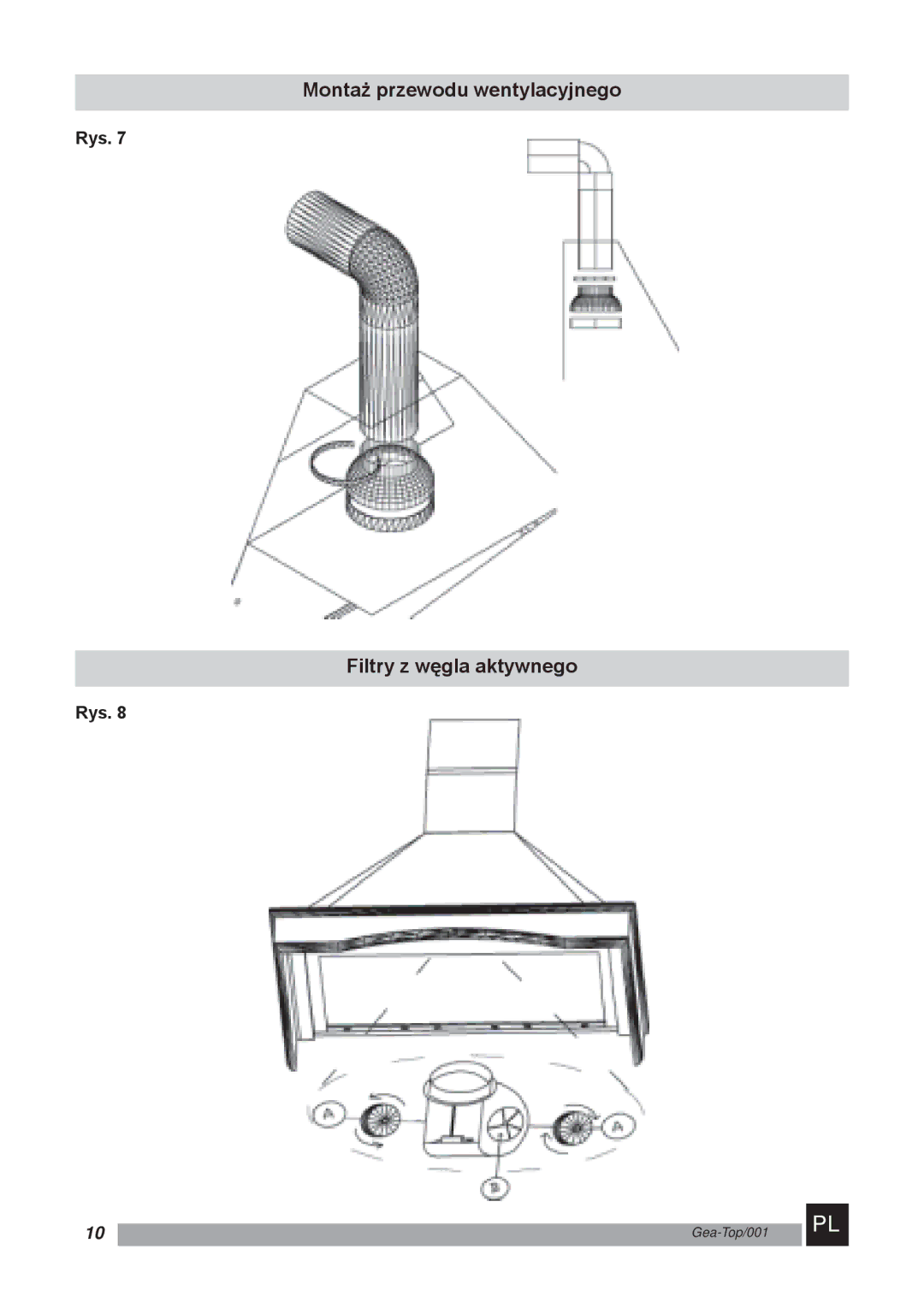 Kuppersbusch USA Kitchen Hoods manual Montaż przewodu wentylacyjnego, Filtry z węgla aktywnego 