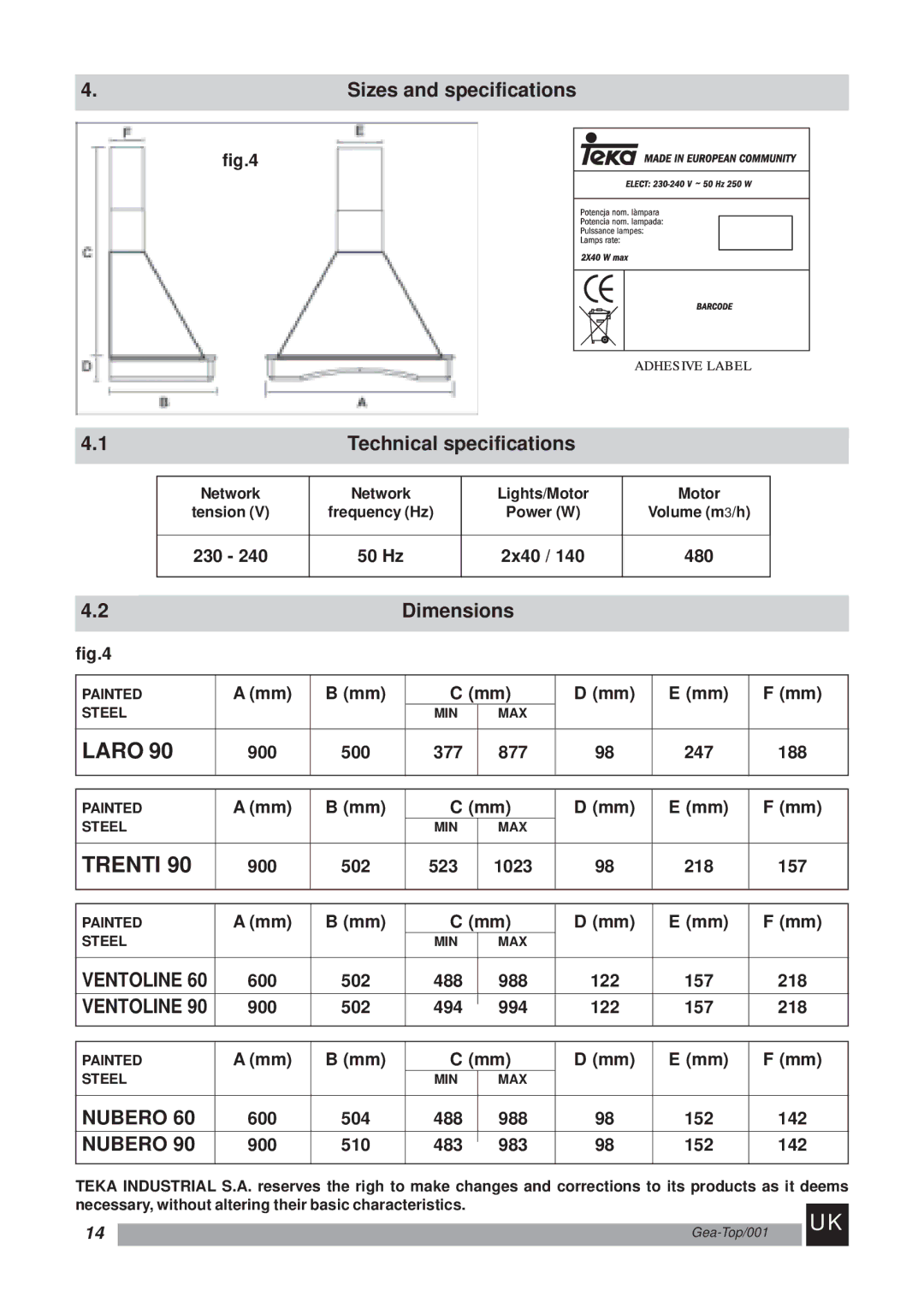 Kuppersbusch USA Kitchen Hoods manual Sizes and specifications, Technical specifications, Dimensions 