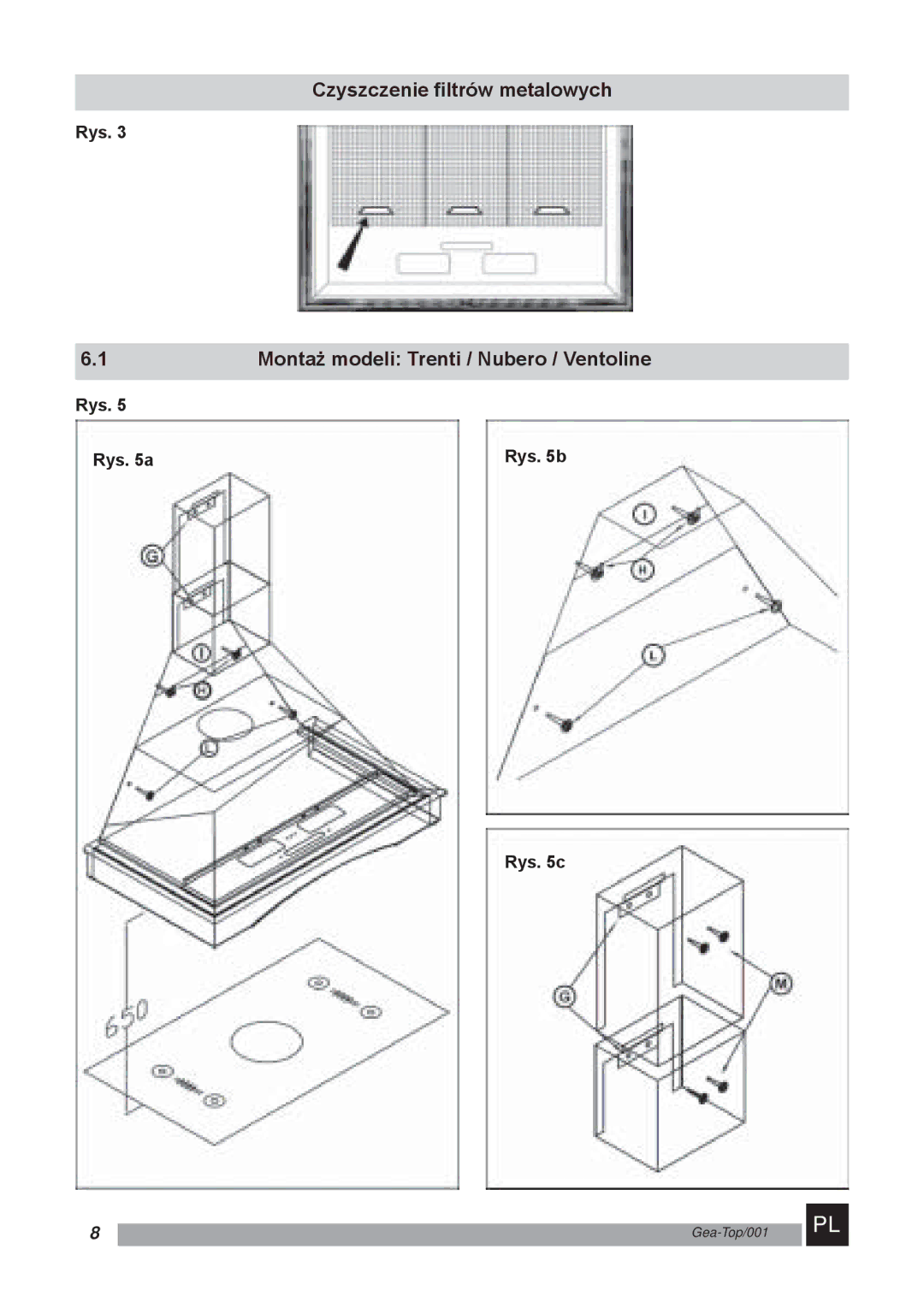 Kuppersbusch USA Kitchen Hoods manual Czyszczenie filtrów metalowych, Montaż modeli Trenti / Nubero / Ventoline 