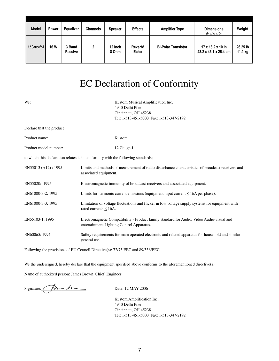 Kustom 12 Gauge owner manual EC Declaration of Conformity 